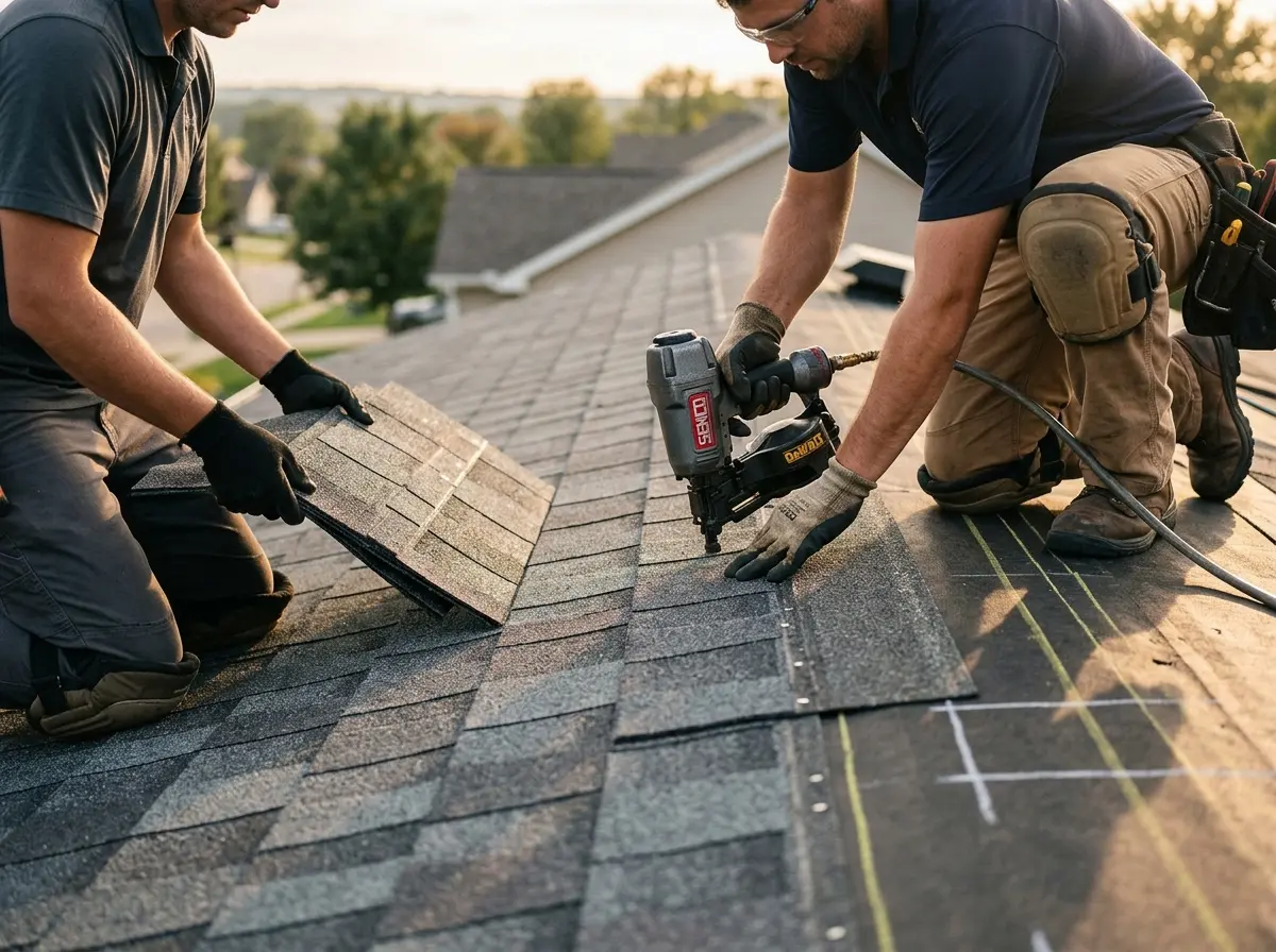 Professional roofer working on a residential roof in Washington